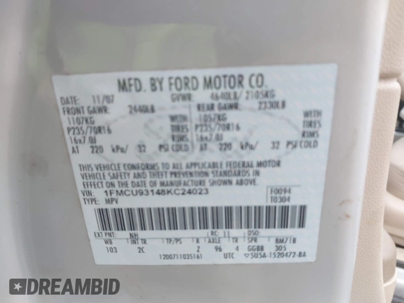 ✅ 2008 Ford Escape XLT • VIN: 1FMCU93148KC24023 • Lot: 44295368. Wystawiony na IAAI z przebiegiem 146 783 mil. Bezpłatny archiwum sprzedaży aukcyjnych z USA i szczegółowy raport historii pojazdu na DreamBid. Zdjęcie 9.