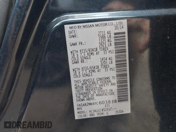 ✅ 2015 Nissan Pathfinder SV • VIN: 5N1AR2MN4FC603838 • Lot: 42706518. Wystawiony na IAAI z przebiegiem 59 146 mil. Bezpłatny archiwum sprzedaży aukcyjnych z USA i szczegółowy raport historii pojazdu na DreamBid. Zdjęcie 9.