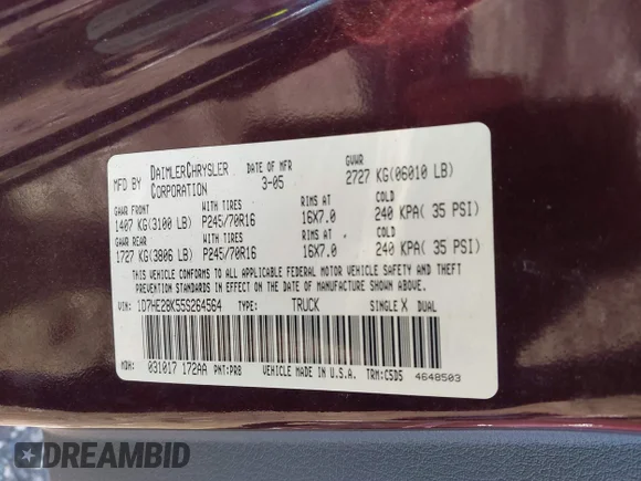 ✅ 2005 Dodge Dakota ST • VIN: 1D7HE28K55S264564 • Lot: 44078978. Wystawiony na IAAI z przebiegiem 236 986 mil. Bezpłatny archiwum sprzedaży aukcyjnych z USA i szczegółowy raport historii pojazdu na DreamBid. Zdjęcie 9.