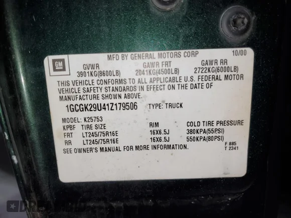 ✅ 2001 Chevrolet Silverado 2500 • VIN: 1GCGK29U41Z179506 • Lot: 41339935. Wystawiony na Copart z przebiegiem 150 148 mil. Bezpłatny archiwum sprzedaży aukcyjnych z USA i szczegółowy raport historii pojazdu na DreamBid. Zdjęcie 12.