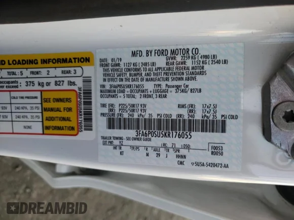 ✅ 2019 Ford Fusion Titanium • VIN: 3FA6P0SU5KR176055 • Lot: 72271192. Wystawiony na Copart z przebiegiem 51 183 mil. Bezpłatny archiwum sprzedaży aukcyjnych z USA i szczegółowy raport historii pojazdu na DreamBid. Zdjęcie 12.