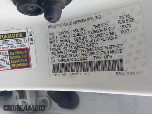 ✅ 2016 Honda CR-V Touring • VIN: 5J6RM4H92GL032442 • Lot: 43087697. Listed on IAAI with 118,591 mi. Free auction sales archive from the USA and detailed vehicle history report at DreamBid. Image 9.