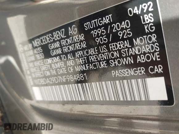 ✅ 1992 Mercedes-Benz 190 • VIN: WDBDA29D7NF984881 • Лот: 44943021. Опубликован ранее на IAAI с пробегом 172 178 миль. Бесплатный доступ к архиву аукционных продаж из США и подробный отчёт об истории автомобиля на DreamBid. Изображение 9.