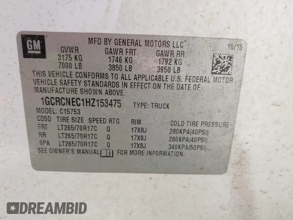 ✅ 2017 Chevrolet Silverado 1500 LS • VIN: 1GCRCNEC1HZ153475 • Lot: 45326967. Wystawiony na IAAI z przebiegiem 48 349 mil. Bezpłatny archiwum sprzedaży aukcyjnych z USA i szczegółowy raport historii pojazdu na DreamBid. Zdjęcie 9.