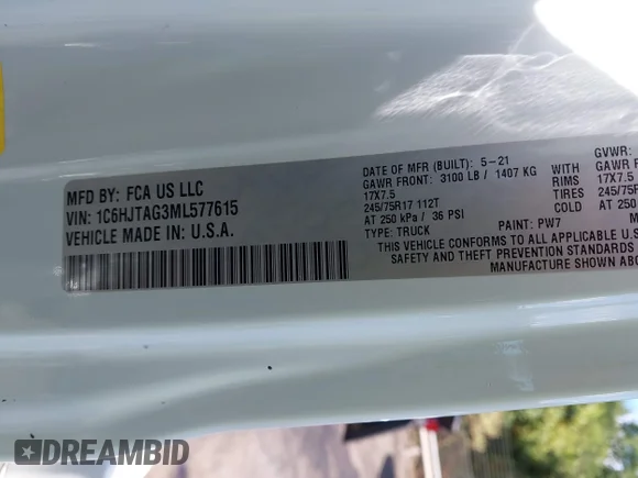 ✅ 2021 Jeep Gladiator Willys • VIN: 1C6HJTAG3ML577615 • Лот: 43106644. Опубліковано раніше на IAAI з пробігом 48 182 миль. Безкоштовний доступ до архіву аукціонних продажів зі США та докладний звіт про історію автомобіля на DreamBid. Зображення 9.