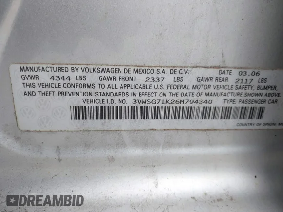 ✅ 2006 Volkswagen Jetta 2.5L • VIN: 3VWSG71K26M794340 • Lot: 43463319. Listed on IAAI with 186,921 mi. Free auction sales archive from the USA and detailed vehicle history report at DreamBid. Image 9.