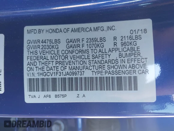 ✅ 2018 Honda Accord Sport • VIN: 1HGCV1F31JA099737 • Lot: 43605602. Wystawiony na IAAI z przebiegiem 104 799 mil. Bezpłatny archiwum sprzedaży aukcyjnych z USA i szczegółowy raport historii pojazdu na DreamBid. Zdjęcie 9.