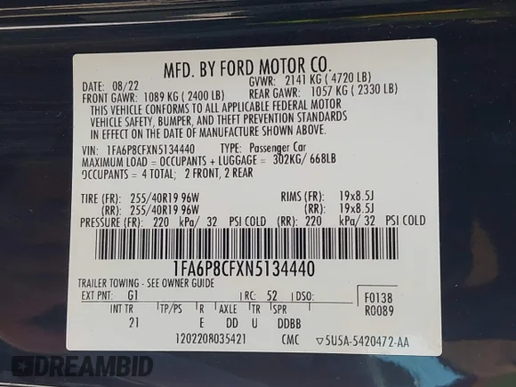 ✅ 2022 Ford Mustang GT • VIN: 1FA6P8CFXN5134440 • Lot: 43142660. Wystawiony na IAAI z przebiegiem 44 087 mil. Bezpłatny archiwum sprzedaży aukcyjnych z USA i szczegółowy raport historii pojazdu na DreamBid. Zdjęcie 9.