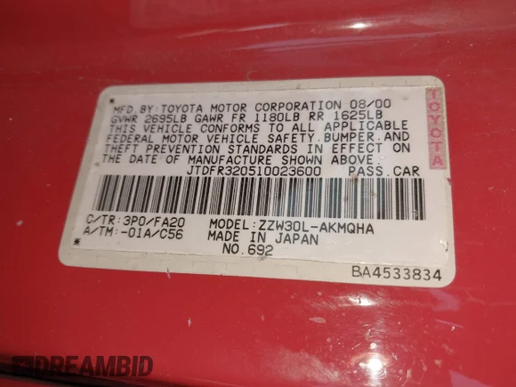 ✅ 2001 Toyota MR2 • VIN: JTDFR320510023600 • Lot: 42598797. Listed on IAAI with 64,036 mi. Free auction sales archive from the USA and detailed vehicle history report at DreamBid. Image 9.