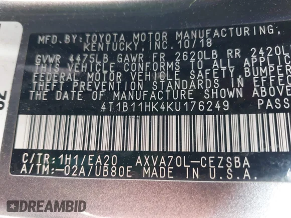 ✅ 2019 Toyota Camry SE • VIN: 4T1B11HK4KU176249 • Lot: 44071171. Wystawiony na IAAI z przebiegiem 164 680 mil. Bezpłatny archiwum sprzedaży aukcyjnych z USA i szczegółowy raport historii pojazdu na DreamBid. Zdjęcie 9.