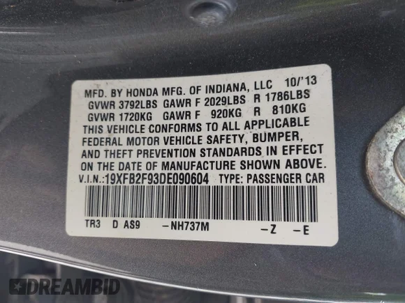 ✅ 2013 Honda Civic EX-L • VIN: 19XFB2F93DE090604 • Lot: 44988280. Wystawiony na IAAI z przebiegiem 208 654 mil. Bezpłatny archiwum sprzedaży aukcyjnych z USA i szczegółowy raport historii pojazdu na DreamBid. Zdjęcie 9.