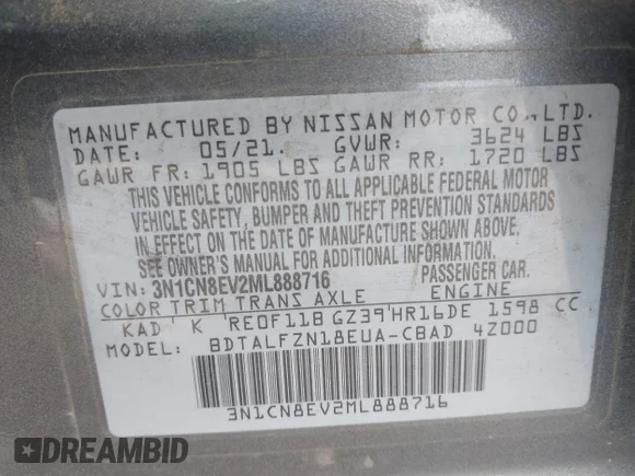 ✅ 2021 Nissan Versa SV • VIN: 3N1CN8EV2ML888716 • Lot: 44767546. Wystawiony na IAAI z przebiegiem 98 902 mil. Bezpłatny archiwum sprzedaży aukcyjnych z USA i szczegółowy raport historii pojazdu na DreamBid. Zdjęcie 9.