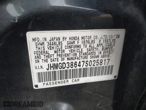 ✅ 2007 Honda Fit Sport • VIN: JHMGD38647S025817 • Lot: 44316320. Wystawiony na IAAI z przebiegiem 200 379 mil. Bezpłatny archiwum sprzedaży aukcyjnych z USA i szczegółowy raport historii pojazdu na DreamBid. Zdjęcie 9.
