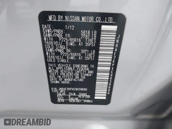 ✅ 2012 Nissan Quest SL • VIN: JN8AE2KPXC9039680 • Lot: 41914614. Wystawiony na IAAI z przebiegiem 172 743 mil. Bezpłatny archiwum sprzedaży aukcyjnych z USA i szczegółowy raport historii pojazdu na DreamBid. Zdjęcie 9.