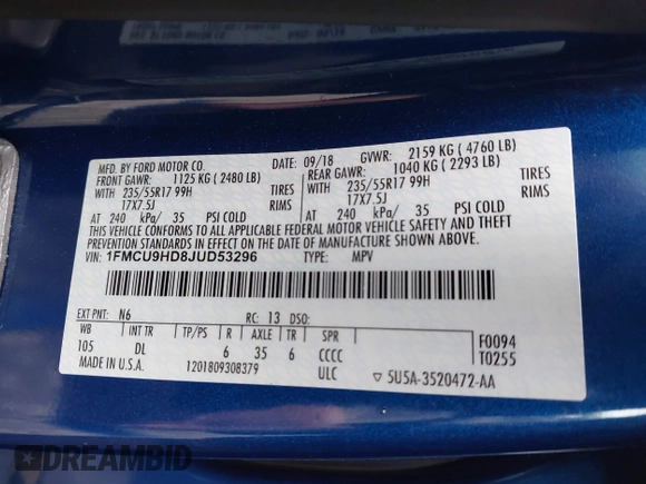 ✅ 2018 Ford Escape SEL • VIN: 1FMCU9HD8JUD53296 • Lot: 44782089. Wystawiony na IAAI z przebiegiem 99 273 mil. Bezpłatny archiwum sprzedaży aukcyjnych z USA i szczegółowy raport historii pojazdu na DreamBid. Zdjęcie 9.