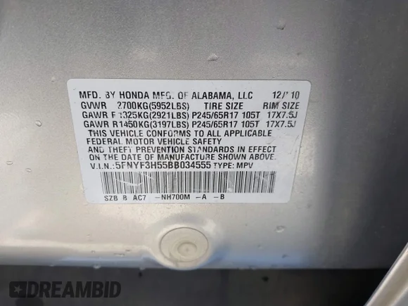 ✅ 2011 Honda Pilot EX-L • VIN: 5FNYF3H55BB034555 • Lot: 44154825. Listed on IAAI with 146,347 mi. Free auction sales archive from the USA and detailed vehicle history report at DreamBid. Image 9.