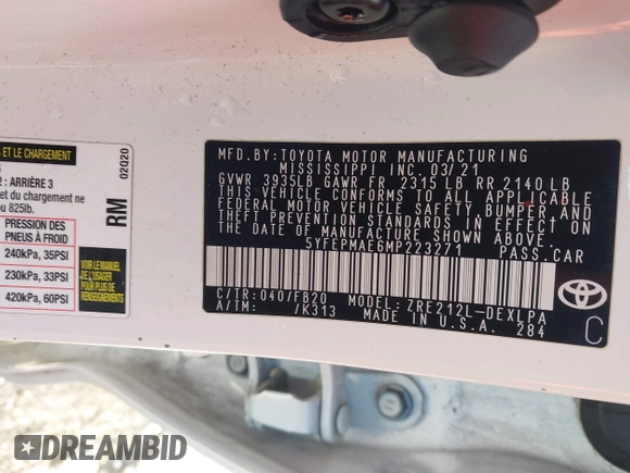 ✅ 2021 Toyota Corolla LE • VIN: 5YFEPMAE6MP223271 • Lot: 44589345. Wystawiony na IAAI z przebiegiem 102 438 mil. Bezpłatny archiwum sprzedaży aukcyjnych z USA i szczegółowy raport historii pojazdu na DreamBid. Zdjęcie 9.