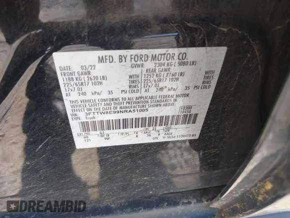 ✅ 2022 Ford Maverick XLT • VIN: 3FTTW8E99NRA51005 • Lot: 45305262. Wystawiony na IAAI z przebiegiem 190 148 mil. Bezpłatny archiwum sprzedaży aukcyjnych z USA i szczegółowy raport historii pojazdu na DreamBid. Zdjęcie 9.