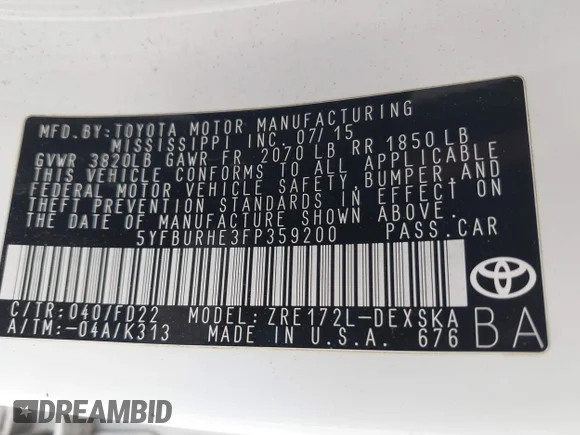 ✅ 2015 Toyota Corolla LE Plus • VIN: 5YFBURHE3FP359200 • Lot: 44739553. Wystawiony na IAAI z przebiegiem 93 294 mil. Bezpłatny archiwum sprzedaży aukcyjnych z USA i szczegółowy raport historii pojazdu na DreamBid. Zdjęcie 9.