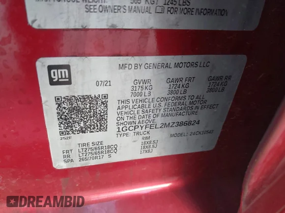 ✅ 2021 Chevrolet Silverado 1500 LT Trail Boss • VIN: 1GCPYFEL2MZ386824 • Lot: 43395336. Wystawiony na IAAI z przebiegiem 70 010 mil. Bezpłatny archiwum sprzedaży aukcyjnych z USA i szczegółowy raport historii pojazdu na DreamBid. Zdjęcie 9.
