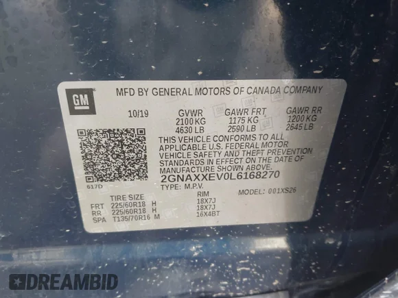 ✅ 2020 Chevrolet Equinox Premier • VIN: 2GNAXXEV0L6168270 • Lot: 45325865. Wystawiony na IAAI z przebiegiem 63 916 mil. Bezpłatny archiwum sprzedaży aukcyjnych z USA i szczegółowy raport historii pojazdu na DreamBid. Zdjęcie 9.