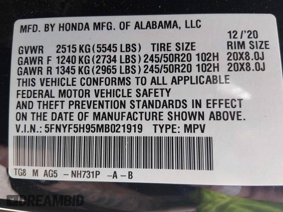 ✅ 2021 Honda Pilot Touring 8-Passenger • VIN: 5FNYF5H95MB021919 • Lot: 44459434. Wystawiony na IAAI z przebiegiem 68 911 mil. Bezpłatny archiwum sprzedaży aukcyjnych z USA i szczegółowy raport historii pojazdu na DreamBid. Zdjęcie 9.