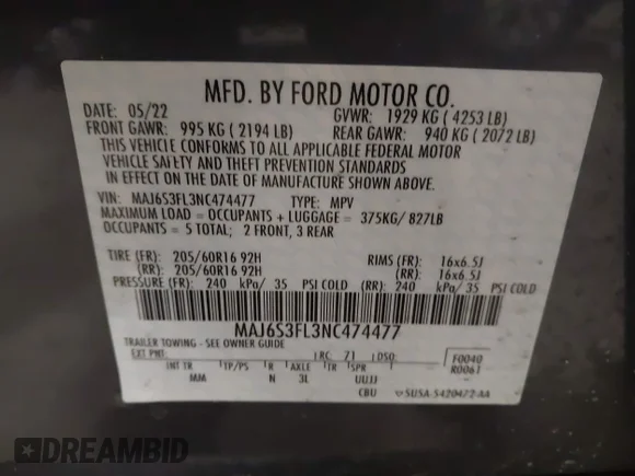 ✅ 2022 Ford EcoSport S • VIN: MAJ6S3FL3NC474477 • Lot: 44191861. Wystawiony na IAAI z przebiegiem 22 610 mil. Bezpłatny archiwum sprzedaży aukcyjnych z USA i szczegółowy raport historii pojazdu na DreamBid. Zdjęcie 9.
