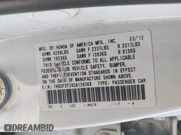 ✅ 2012 Honda Accord LX • VIN: 1HGCP2F39CA128369 • Lot: 44720833. Wystawiony na IAAI z przebiegiem 158 526 mil. Bezpłatny archiwum sprzedaży aukcyjnych z USA i szczegółowy raport historii pojazdu na DreamBid. Zdjęcie 9.