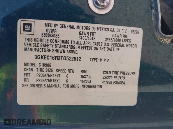 ✅ 1996 GMC Suburban • VIN: 3GKEC16R2TG522612 • Lot: 42544124. Wystawiony na IAAI z przebiegiem 174 371 mil. Bezpłatny archiwum sprzedaży aukcyjnych z USA i szczegółowy raport historii pojazdu na DreamBid. Zdjęcie 9.