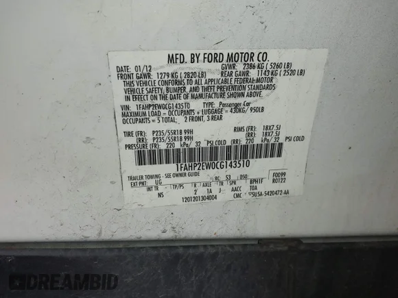 ✅ 2012 Ford Taurus SEL • VIN: 1FAHP2EW0CG143510 • Лот: 42120913. Опубликован ранее на IAAI с пробегом 186 547 миль. Бесплатный доступ к архиву аукционных продаж из США и подробный отчёт об истории автомобиля на DreamBid. Изображение 9.