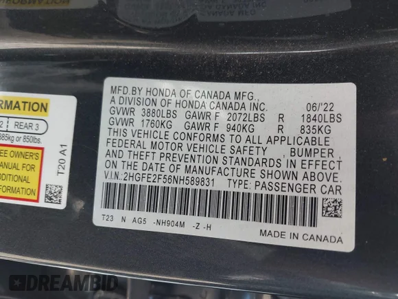 ✅ 2022 Honda Civic Sport • VIN: 2HGFE2F56NH589831 • Lot: 44811622. Wystawiony na IAAI z przebiegiem 45 724 mil. Bezpłatny archiwum sprzedaży aukcyjnych z USA i szczegółowy raport historii pojazdu na DreamBid. Zdjęcie 9.