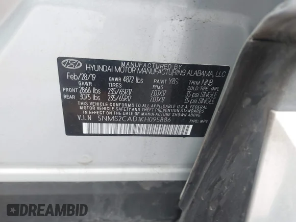 ✅ 2019 Hyundai Santa Fe SE • VIN: 5NMS2CAD1KH095886 • Lot: 44543598. Listed on IAAI with 99,116 mi. Free auction sales archive from the USA and detailed vehicle history report at DreamBid. Image 9.