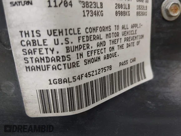 ✅ 2005 Saturn ION ION 3 • VIN: 1G8AL54F45Z127578 • Lot: 45261056. Listed on IAAI with 160,643 mi. Free auction sales archive from the USA and detailed vehicle history report at DreamBid. Image 9.