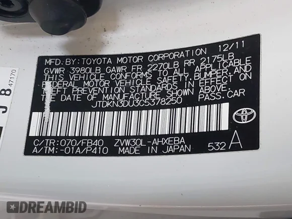 ✅ 2012 Toyota Prius Two • VIN: JTDKN3DU3C5378250 • Lot: 44902964. Listed on IAAI with 223,870 mi. Free auction sales archive from the USA and detailed vehicle history report at DreamBid. Image 9.