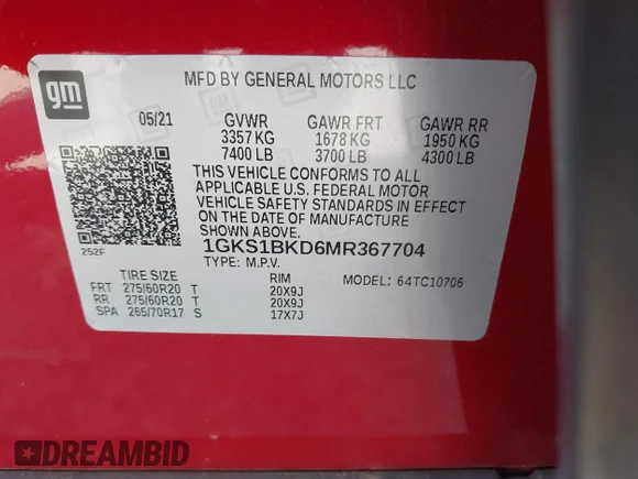 ✅ 2021 GMC Yukon SLT • VIN: 1GKS1BKD6MR367704 • Lot: 43319380. Wystawiony na IAAI z przebiegiem 55 287 mil. Bezpłatny archiwum sprzedaży aukcyjnych z USA i szczegółowy raport historii pojazdu na DreamBid. Zdjęcie 9.
