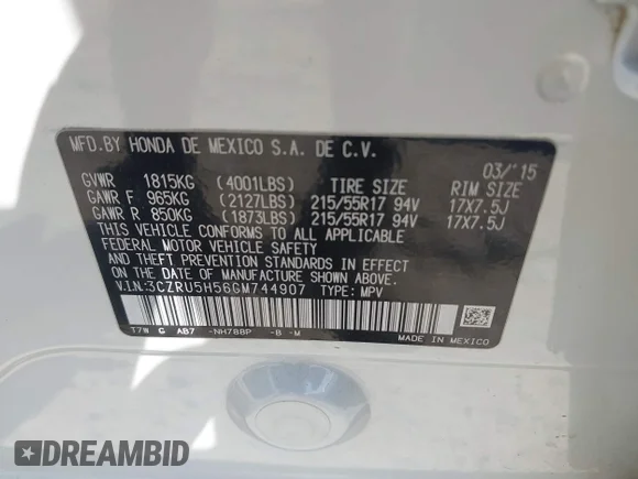 ✅ 2016 Honda HR-V EX • VIN: 3CZRU5H56GM744907 • Lot: 44818625. Wystawiony na IAAI z przebiegiem 173 806 mil. Bezpłatny archiwum sprzedaży aukcyjnych z USA i szczegółowy raport historii pojazdu na DreamBid. Zdjęcie 9.
