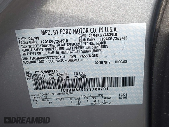 ✅ 2000 Lincoln LS • VIN: 1LNHM86S5YY780701 • Лот: 44086618. Опубликован ранее на IAAI с пробегом 123 871 миль. Бесплатный доступ к архиву аукционных продаж из США и подробный отчёт об истории автомобиля на DreamBid. Изображение 9.