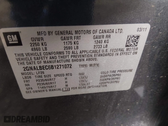 ✅ 2011 Chevrolet Equinox LS • VIN: 2GNALBEC6B1271072 • Lot: 45156579. Wystawiony na IAAI z przebiegiem 173 484 mil. Bezpłatny archiwum sprzedaży aukcyjnych z USA i szczegółowy raport historii pojazdu na DreamBid. Zdjęcie 9.
