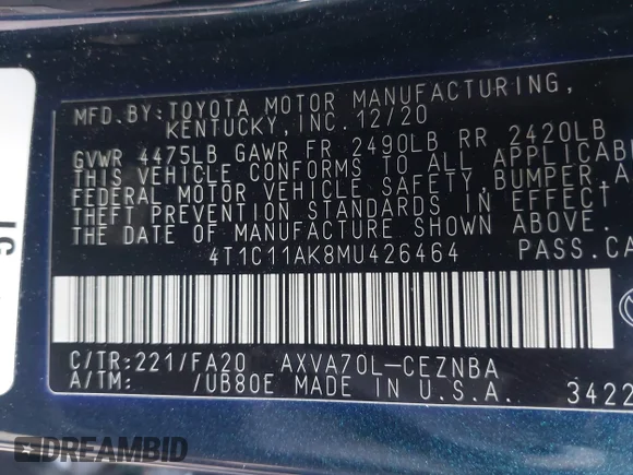 ✅ 2021 Toyota Camry LE • VIN: 4T1C11AK8MU426464 • Lot: 44683408. Wystawiony na IAAI z przebiegiem 109 964 mil. Bezpłatny archiwum sprzedaży aukcyjnych z USA i szczegółowy raport historii pojazdu na DreamBid. Zdjęcie 9.
