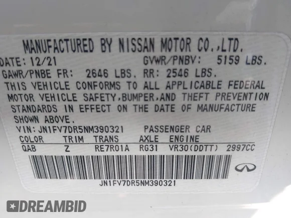 ✅ 2022 Infiniti Q50 Red Sport 400 • VIN: JN1FV7DR5NM390321 • Lot: 42763421. Listed on IAAI with 57,184 mi. Free auction sales archive from the USA and detailed vehicle history report at DreamBid. Image 9.