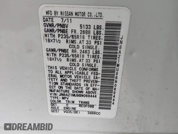 ✅ 2011 Nissan Murano SL • VIN: JN8AZ1MU9BW068444 • Lot: 44748000. Listed on IAAI with 133,757 mi. Free auction sales archive from the USA and detailed vehicle history report at DreamBid. Image 9.