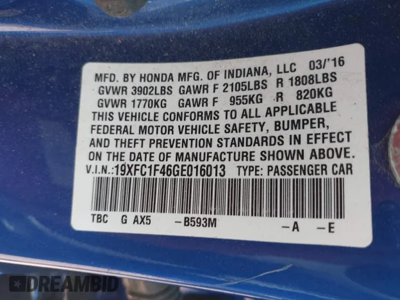 ✅ 2016 Honda Civic EX-T • VIN: 19XFC1F46GE016013 • Лот: 44897268. Опубліковано раніше на IAAI з пробігом 96 947 миль. Безкоштовний доступ до архіву аукціонних продажів зі США та докладний звіт про історію автомобіля на DreamBid. Зображення 9.