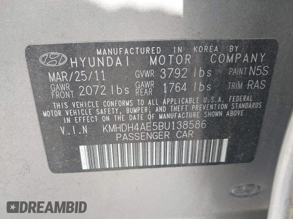 ✅ 2011 Hyundai Elantra Limited • VIN: KMHDH4AE5BU138586 • Lot: 42431634. Wystawiony na IAAI z przebiegiem 107 733 mil. Bezpłatny archiwum sprzedaży aukcyjnych z USA i szczegółowy raport historii pojazdu na DreamBid. Zdjęcie 9.