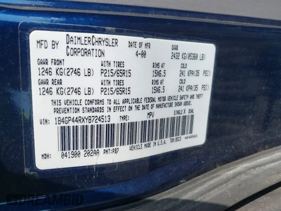 ✅ 2000 Dodge Caravan SE • VIN: 1B4GP44RXYB724513 • Лот: 40500111. Опубліковано раніше на IAAI з пробігом 159 293 миль. Безкоштовний доступ до архіву аукціонних продажів зі США та докладний звіт про історію автомобіля на DreamBid. Зображення 9.