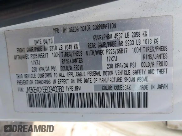 ✅ 2014 Mazda CX-5 Touring • VIN: JM3KE4CY5E0340360 • Lot: 45539430. Wystawiony na IAAI z przebiegiem 175 884 mil. Bezpłatny archiwum sprzedaży aukcyjnych z USA i szczegółowy raport historii pojazdu na DreamBid. Zdjęcie 9.