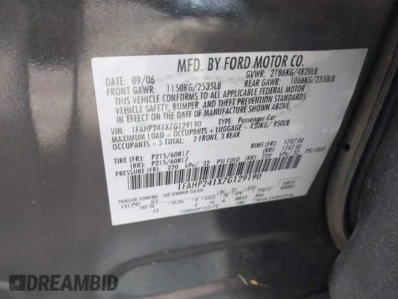 ✅ 2007 Ford Five Hundred SEL • VIN: 1FAHP241X7G129190 • Lot: 44518144. Wystawiony na IAAI z przebiegiem 76 489 mil. Bezpłatny archiwum sprzedaży aukcyjnych z USA i szczegółowy raport historii pojazdu na DreamBid. Zdjęcie 9.