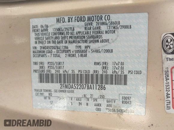 ✅ 2007 Ford Freestar SEL • VIN: 2FMDA52207BA11286 • Лот: 43175960. Опубликован ранее на IAAI с пробегом 148 455 миль. Бесплатный доступ к архиву аукционных продаж из США и подробный отчёт об истории автомобиля на DreamBid. Изображение 9.