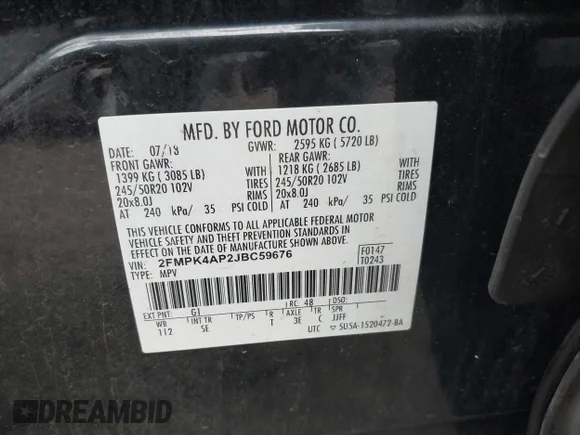 ✅ 2018 Ford Edge Sport • VIN: 2FMPK4AP2JBC59676 • Lot: 45453543. Listed on IAAI with 186,031 mi. Free auction sales archive from the USA and detailed vehicle history report at DreamBid. Image 9.