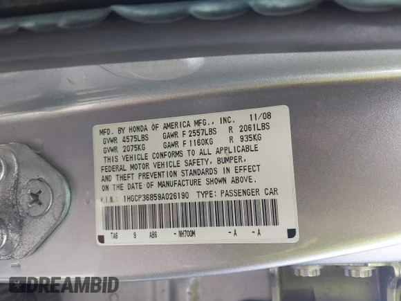 ✅ 2009 Honda Accord EX-L • VIN: 1HGCP36859A026190 • Lot: 44534933. Wystawiony na IAAI z przebiegiem 226 388 mil. Bezpłatny archiwum sprzedaży aukcyjnych z USA i szczegółowy raport historii pojazdu na DreamBid. Zdjęcie 9.