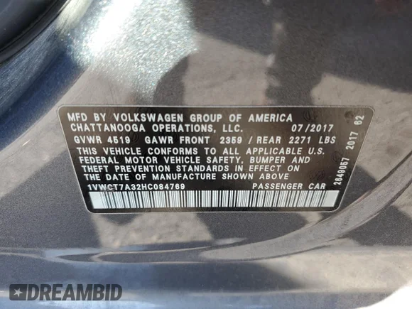 ✅ 2017 Volkswagen Passat SEL Premium • VIN: 1VWCT7A32HC084769 • Lot: 69034053. Wystawiony na Copart z przebiegiem 83 317 mil. Bezpłatny archiwum sprzedaży aukcyjnych z USA i szczegółowy raport historii pojazdu na DreamBid. Zdjęcie 13.